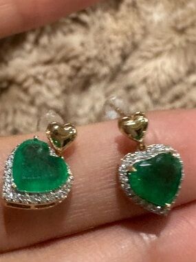 14K Gold Natural Emerald & Diamond Heart Halo Drop Earrings